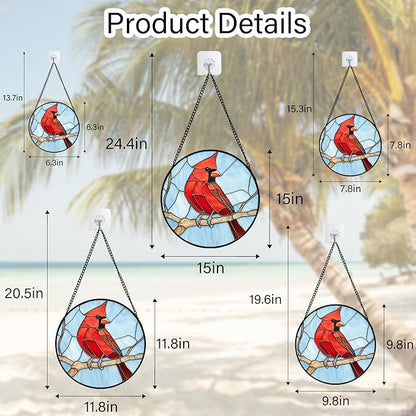 Stained Glass Window Hanging Cardinal Birds Large 11.8" - Suncatcher Door Garden Sun Catcher Home Decor Christmas Birthday for Bird Lovers Woman Her Nana Wife Men Mom