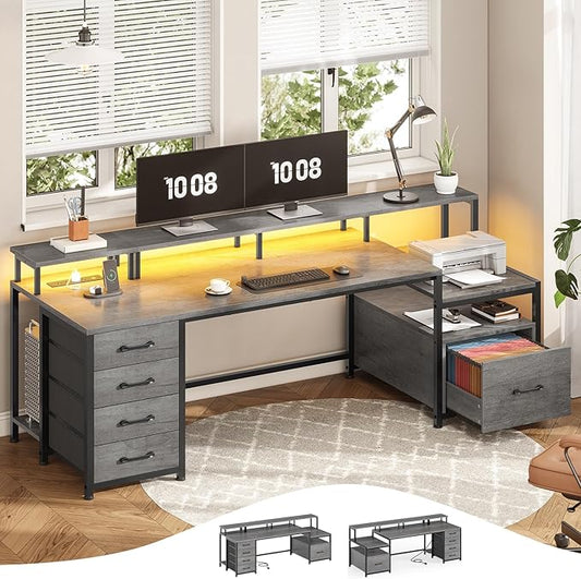 SEDETA 75'' Computer Desk with 5 Drawer, Power Outlet & Led Lights, Home Office Desk with File Drawer, Storage Shelves, Printer Cabinet and Monitor Shelf, 23.6" W Large Desktop Gaming Desk, Grey