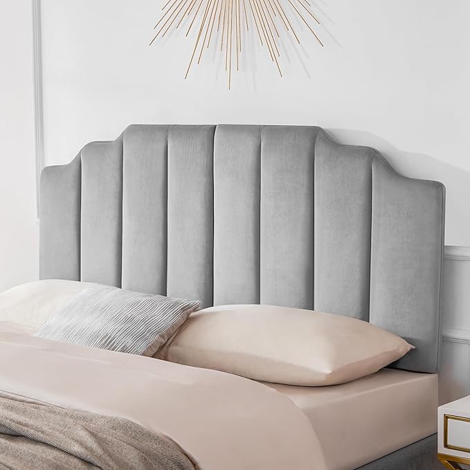 Tufted Headboard, Comfort Velvet Upholstered Headboard, Modern Vertical Channel Design, King Size Bed Compatible, Easy Assembly，Soft Grey