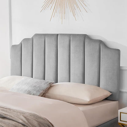 Tufted Headboard, Comfort Velvet Upholstered Headboard, Modern Vertical Channel Design, King Size Bed Compatible, Easy Assembly，Soft Grey