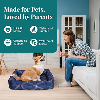 Orthopedic Bolster Dog Bed – CertiPUR-US Foam, Recycled Polyester Canvas, Washable Cover, Anti-Slip Bottom, Large, Navy Plaid – Stylish Designer Dog Sofa