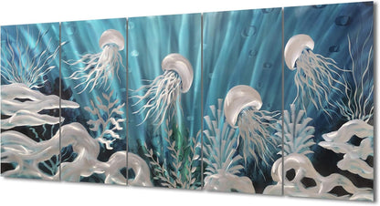 Yihui Arts Blue Deep Sea Metal Wall Art, Large Jellyfish Metal Artwork in Modern Ocean Design, 3D Wall Art for Modern and Contemporary Decor, 5-Panels, Metal Wall Decor