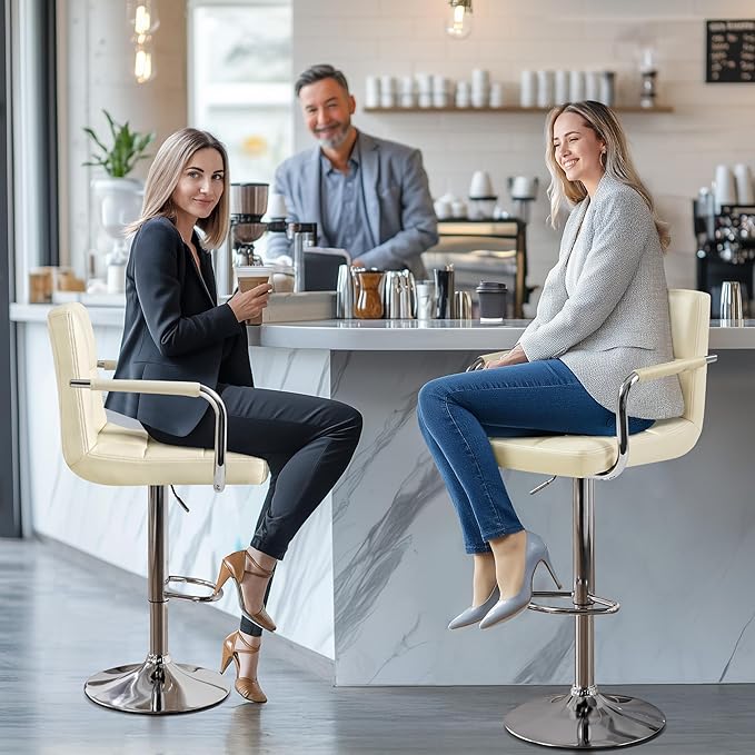 Yaheetech Bar Stools Set of 2, PU Leather Adjustable Swivel Barstools, Hydraulic Kitchen Counter Height Bar Chairs with Armrest and Back for Bar, Kitchen, Dining Room, Beige