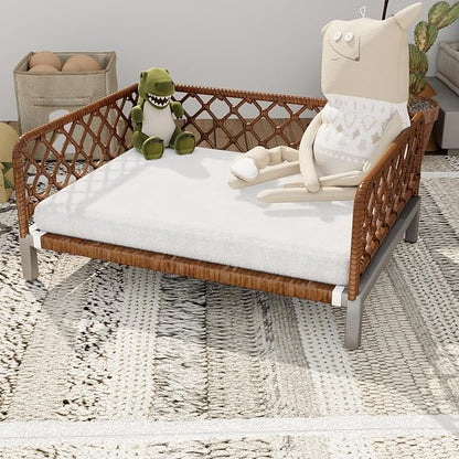 Small Dog Bed, Waterproof Elevated Dog Couch with Washable Removable White Cushion, Boho Rattan Dark Brown Wicker Orthopedic Pet Sofa for Outdoor, Indoor