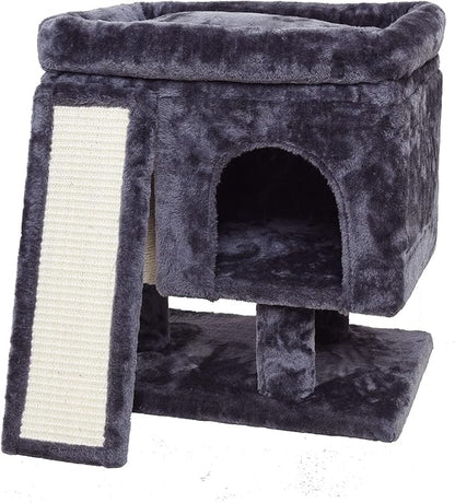 SYANDLVY Small Cat Tree for Indoor Cats Large Adult, Activity Tower with Scratching Post, Modern House with Padded Perch, Kittens Condo with Board, Cat Cave (Smoky Grey)