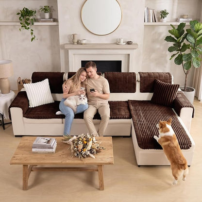 FUANGUI 2 Pack Waterproof Couch Cover for Dogs Pets Sofa Protector | Non-Slip Washable Fuzzy Soft Sofa Slipcover for 2 PCS L Shaped Sofa Pet Friendly, 27.6" x 59.1"+27.6" x 70.9", Brown