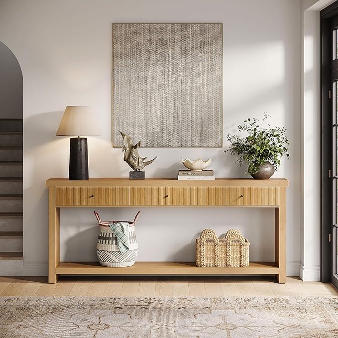 Tribesigns 70.9 inch Extra Long Entryway Table with 3 Drawers, Sofa Console Table with Open Storage Shelves, Oak Color Furniture, Wooden Couch Foyer Tables for Living Room Hallway Entrance