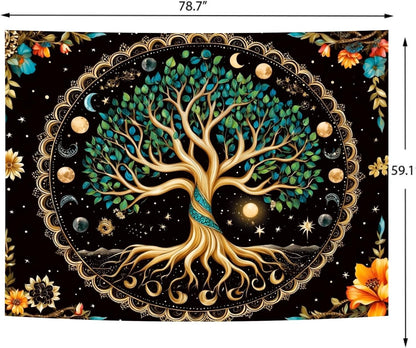 Delur Tree of Life Tapestry Moon Phase Nature Flower Plant Tapestry Wall Hanging Boho Mandala Spiritual Sun Aesthetic Psychedelic Headboard for Bedroom Living Room Home Decor (59.1" x 78.7")