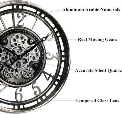 CLXEAST 21 Inch Large Moving Gear Wall Clock,Industrial Steampunk Decor,Decorative Wall Clock for Modern Farmhouse Living Room Decor,Gunmetal Silver Finish