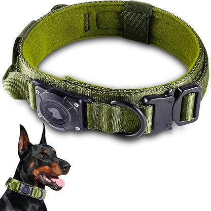 2026 Upgrade Waterproof AirTag Dog Collar, Military Tactical Dog Collar with AirTag Holder, Comfortable Control Handle and Metal Buckle, GPS Dog Collar Holder for Medium to Large Dogs (ArmyGreen, XL)