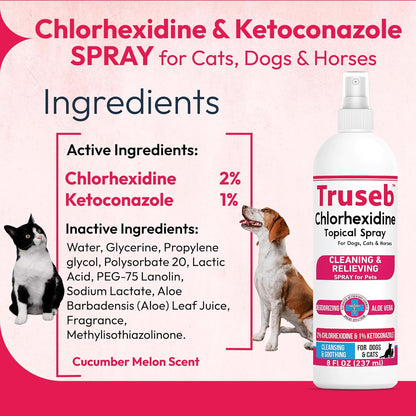 Truseb Topical Ketoconazole and Chlorhexidine Spray for Dogs, Cats, and Horses with Essential Fatty Acids, Aloe and Vitamin E- 16 oz (Ketoconazole & Chlorhexidine Spray, 16 oz)