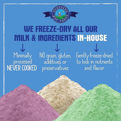 Shepherd Boy Farms Freeze Dried Raw Goats Milk with Probiotics for Dogs & Cats (Super Fruits), Organic USA Fruit, Digestible Goat Milk Powder, Raw Nutrition, High Protein Food Toppers - Makes 32 FL OZ