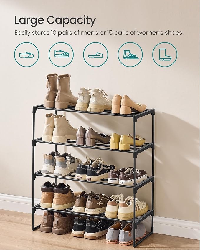 SONGMICS Shoe Rack, 4-Tier Shoe Organizer, Metal Storage Shelf, Upright or Upside Down, for 10-15 Pairs, Stackable, for Entryway, 11.8 x 26.8 x 29.5 Inches, Black ULSA204B01
