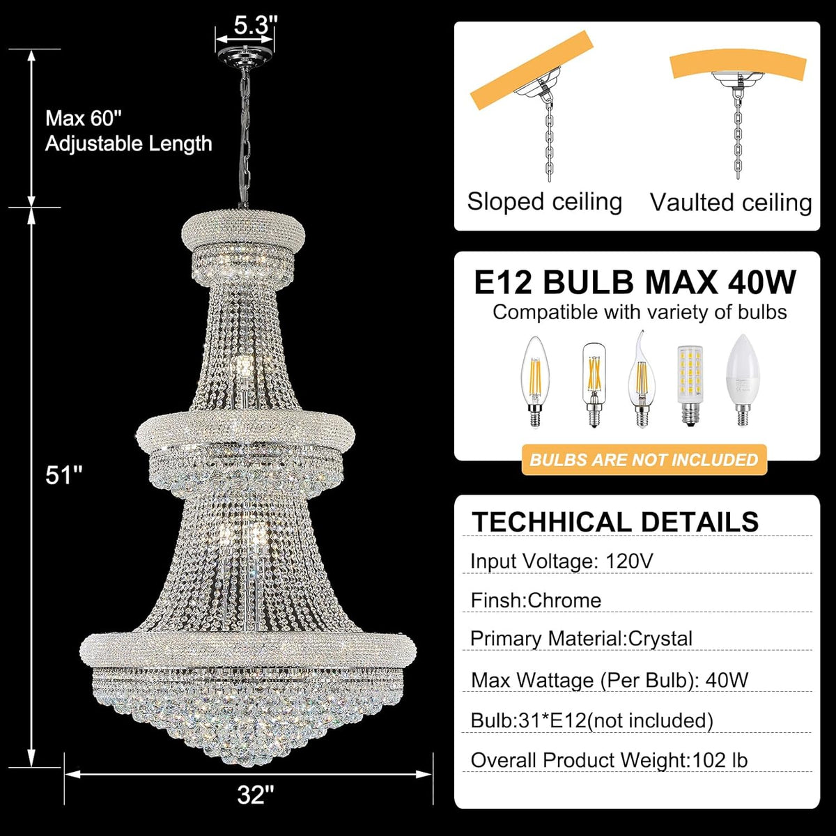 31 - Light Large Empire Crystal Chandelier for High Ceiling Foyer Entryway Staircase Living Room Dining Room Chrome Finish
