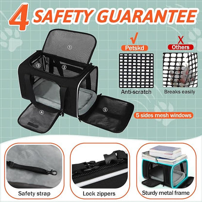Small Pet Carrier 18"x11"x11" with Wheels Airline Approved, Black | for Delta/American/United Airlines, Lockable Safety Zippers and Anti-Scratch Mesh, Pets Under 10 lbs