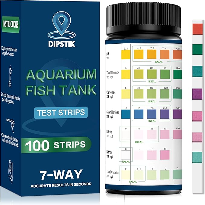 DIPSTIK Aquarium Test Strips, 7-Way Freshwater Saltwater Fish Tank Pond Test Kit, 100 Strips, Nitrate, Nitrite, Chlorine, Hardness, Alkalinity, Carbonate, pH