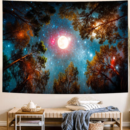 Delur Forest Tapestry Galaxy Moon Stars Night Space Starry Sky Wall Hanging Tapestry Aesthetic Tree Nature Landscape Psychedelic Headboard for Bedroom Living Room Home Decor (70.8" x 92.5")