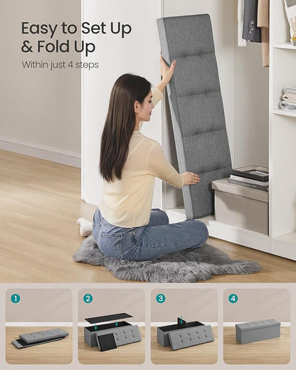 SONGMICS MAZIE Collection - 43 Inches Folding Storage Ottoman Bench, Ottoman Foot Rest, End of Bed Bench, Storage Chest, Load 660 lb, for Living Room, Bedroom, Entryway, Light Gray ULSF77G