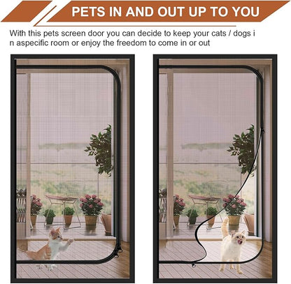 Upgraded Reinforced Pet Screen Door Thickened Cat Resistant Mesh Screen Door for Living Room, Bedroom, Patio, Dog Cat Scratch Proof Screen with Zipper Closure (Fits Door Size up to 38''x 82'', Black)