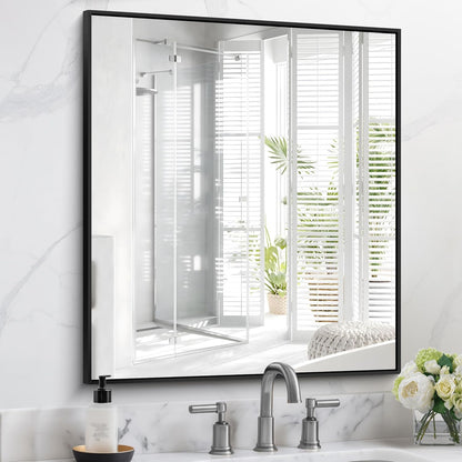 Black Bathroom Mirror for Wall, 30x36 Inch Rectangle With Metal Frame, Modern Vanity for Bathroom Living Room, Entryway Hangs Horizontal or Vertical