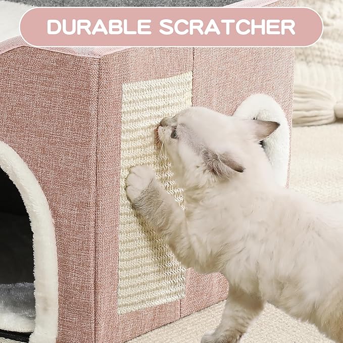 Large Cat Bed for Indoor Cats, Extra Wide Cat Cave House with Scratch Pad and Fluffy Ball, Foldable Cat Hideaway for Kitten Bed, Cat Condo for Cats (Pink, X-Large)