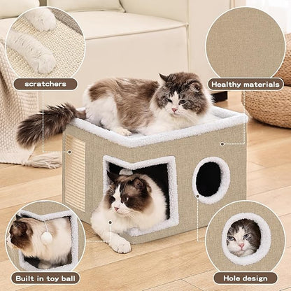Cat Beds for Indoor Cats Houses, Large Cat Cave with Fluffy Ball and Scratch Pad, Foldable Cat House with Hideaway Tent for Kitten,Grey (SingleAK, Large)