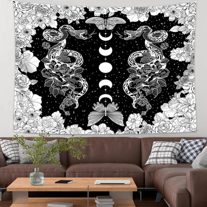 dueeia Moon Phase Witchy Tapestry Wall Hanging Snake Witch Occult Black and White Dark Tapestries for Bedroom Aesthetic Living Room Wall Decor (78.7"x59.1")