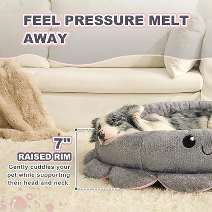Cute Calming Dog Beds Clearance for Large and Extra Dogs, Anxiety Bolster Dog Bed with Octopus Shape, Grey, XL, Boho, Round Pet Bed Cat with Removable Cushion