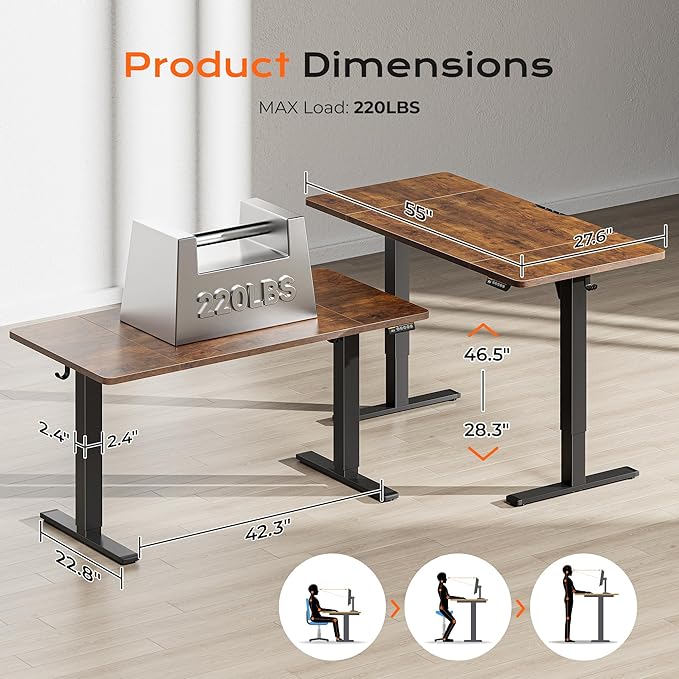 Huuger 55 x 28 Large Electric Standing Desk, Height Adjustable Computer Desk, 27.6" Deep Desktop, Stand up Gaming Office Desk with 2 Hooks, 3 Preset Heights, for Home Office, Rustic Brown