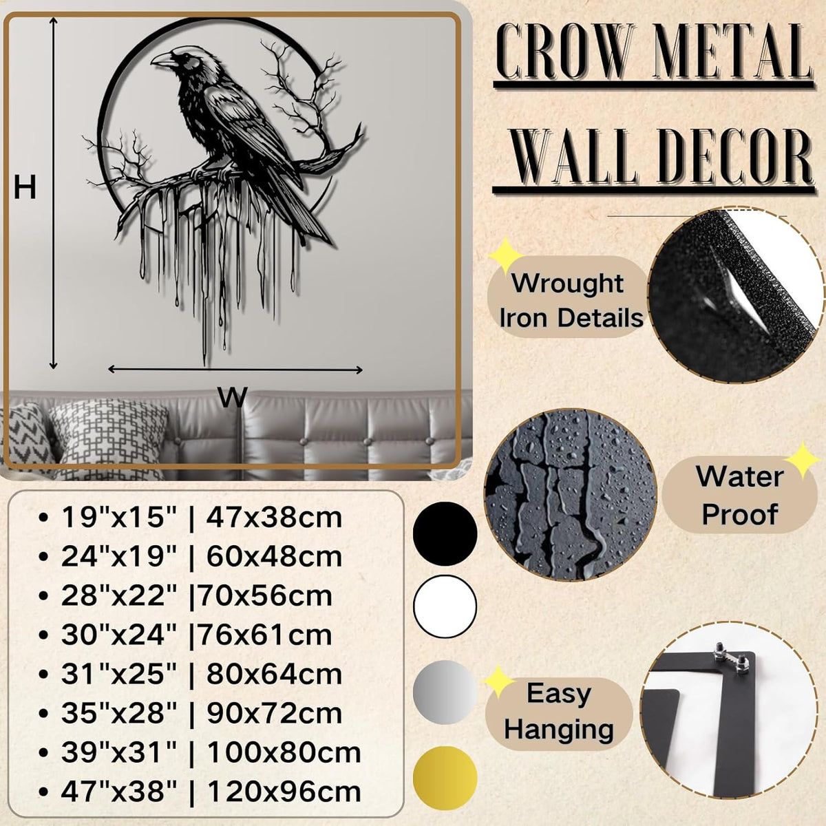 Crow Metal Wall Decor, Raven Wall Art, Large Gothic Raven Decor Hangings, Bird Wall Decor, Metal Tree Branch Decor, Ravens Sign, Raven Art for Living Room (White, 28"x22" |70x56cm, metal wall art)