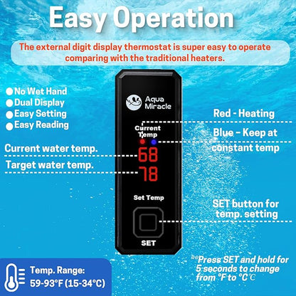 AquaMiracle Upgraded 50W Small Aquarium Heater Fish Tank Heater Turtle Heater Super Mini Aquarium Heater, Dry-Run/Overheating Protection and Memory Function, Dual LED Display, for 5-10 Gal Tanks