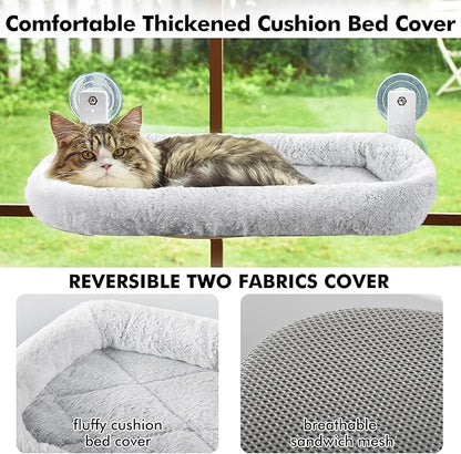 AMOSIJOY Cordless Cat Window Perch, Cat Hammock for Wall with 4 Strong Suction Cups, Solid Metal Frame and Two Replaceable Covers, Foldable Cat Beds for Indoor Cats (Large-Cushion Bed-Gray)