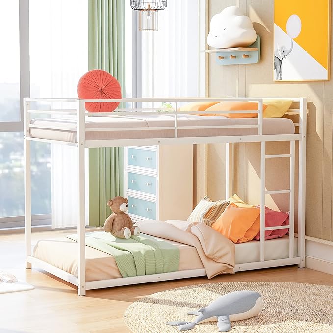 Twin Over Twin Metal Bunk Bed with Full-Length Guardrail,Low Bed Frame W/Ladder, Steel,No Noise,Bedroom Furniture for Children,Teens Adults,White