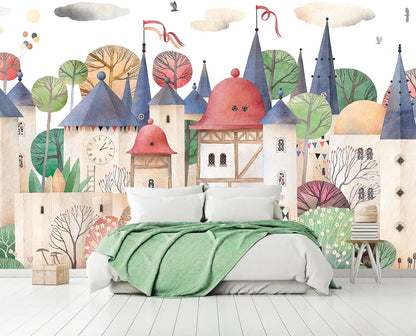 AFZEVEB-Cartoon Watercolor House Nursery Wallpaper Wall murals for Kids Room 159"x107" (Not Peel and Stick)