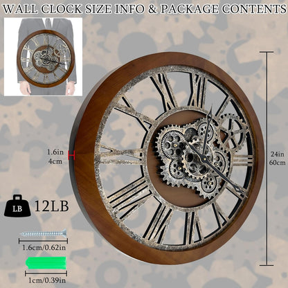 HOIBAI Large Wall Clock, Wall Clocks for Living Room Decor 36 Inch Farmhouse Vintage Rustic Kitchen Wall Decor Vintage Roman Oversized Wall Clock for Home Bedroom House Office, Moving Gears Clock