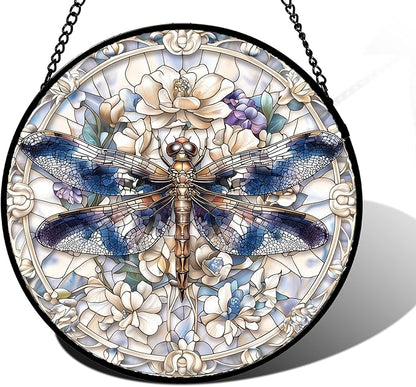 Stained Glass Window Hanging, Dragonfly Flower Suncatcher for Doors Home Sun Catchers Decoration and Christmas, Mother's Day Birthday Gifts for Women, Men, and Mom 6.3 in