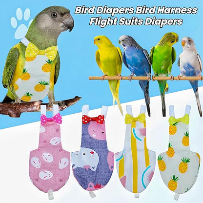 2Pcs Bird Diapers Bird Harness Flight Suits Diapers with 80 Inch Flying Leash Parrot Nappy Washable Cute Urine Wet Suit for Cockatiel Conure Macaw Budgies Parakeet-Pineapple&Watermelon,S