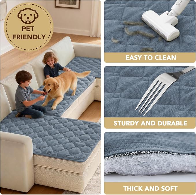 H.VERSAILTEX Chenille Couch Cover for Dogs Washable Soft Fuzzy Chaise Cover Sectional Couch Covers for L Shaped Sofa Both Left/Right Thick Pet Couch Cover Protector Non-Slip(Stone Blue, 34" x 68")