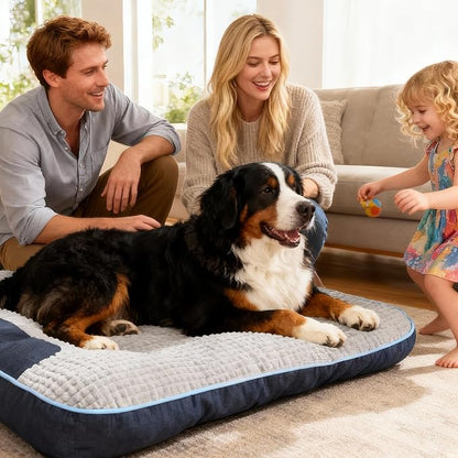 XL Dog Bed for Large Dogs Up to 110 lbs, Orthopedic Extra Giant Dog Sofa with Thick Plush Crate Mat & Bolster Pillow, Fluffy Washable Bed for Senior & Arthritic Dogs, Non-Slip Bottom, Grey 47"x37"