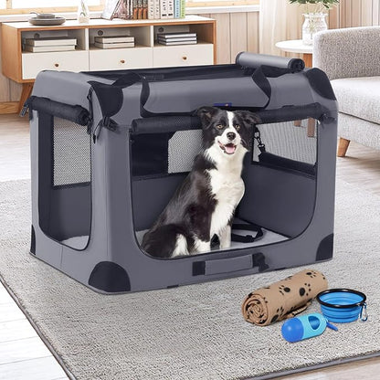 Petprsco Portable Dog Crates for Medium Dogs, 32"x23"x23" Travel Dog Crate | Collapsible Dog Crate with Plush Mat, Soft Blanket & Foldable Bowl, Strong Fabric, 4-Sided Vents, 3 Doors, Indoor/Outdoor Use