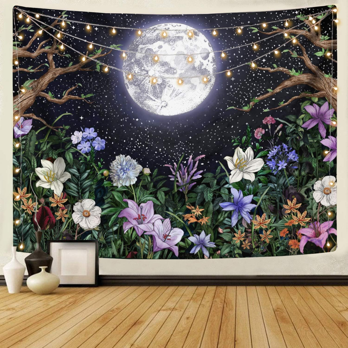 Neasow Aesthetic Moon Garden Tapestry Wall Hanging, Night Landscape with Colorful Plants Floral Tapestries for Bedroom Home Decor Multi Color 36×48 inch (90cm×120cm)