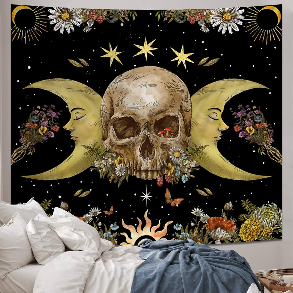 Atrippy Halloween Vintage Gothic Tapestry for Bedroom, Goth Skull Floral Wall Decor Tapestry, Sun and Moon Skeleton Flower Tapestries Aesthetic, Dark Room Decor Wall Hanging for Living Room Dorm 60x79 Inches