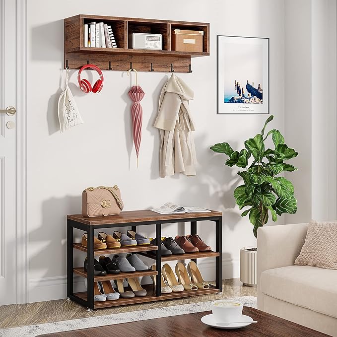 LITTLE TREE Coat Shoe Rack, Hall Tree Entryway Bench Set for Hallway, Living Room, Bedroom, Brown