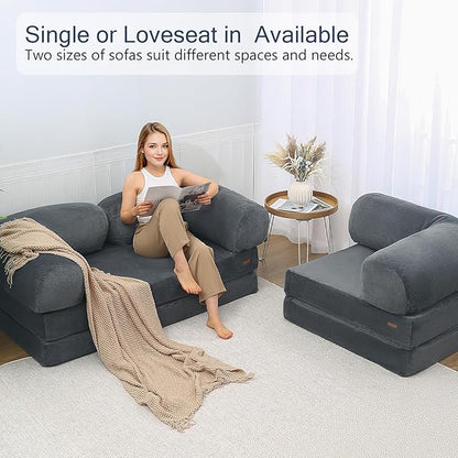 COMAX Folding Sofa Bed Single, Fold Out Chair Bed, Foldable Sofa Chair, Convertible Sleeper Futon for Adults, Floor Couch Mattress for Small Spaces Bedroom Living Room Guest Room, Faux Fur Dark Grey