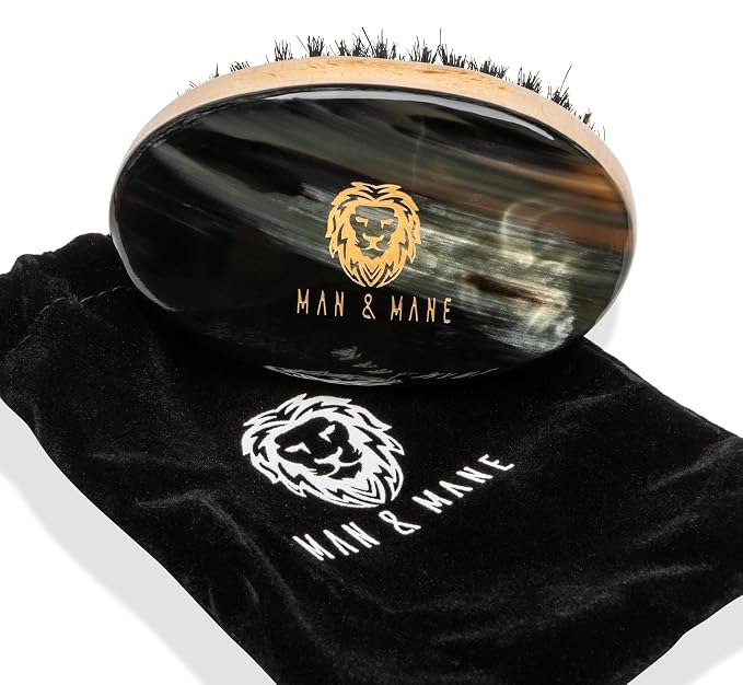 Man & Mane Premium Handmade Oxhorn & Beechwood Military Style Medium Stiff Natural Boar Bristle Men’s Hair Brush for Facial Hair & Beard Care