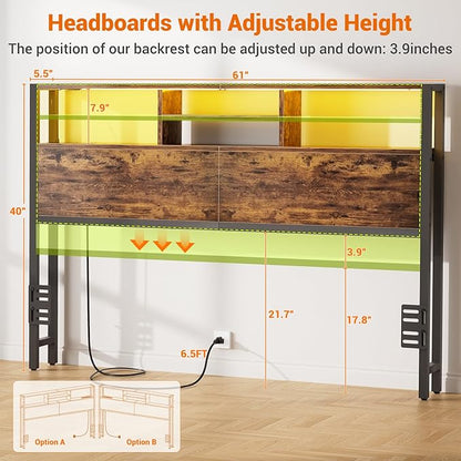 Aheaplus Headboard for Queen Size Bed with Storage, Headboards with Outlets, USB Ports and LED Light, Queen Head Board Only, Height Adjustable, Reversible, Sturdy and Stable Headboard, Rustic Brown