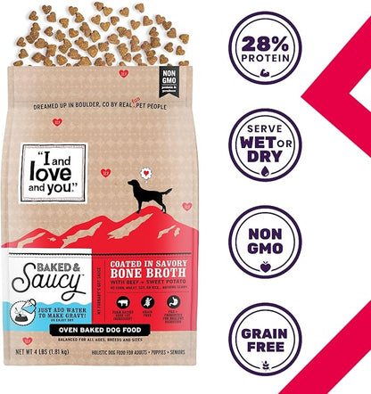 I AND LOVE AND YOU Baked and Saucy Dry Dog Food - Beef + Sweet Potato - Prebiotic + Probiotic, Real Meat, Grain Free, No Fillers, 10.25lb Bag