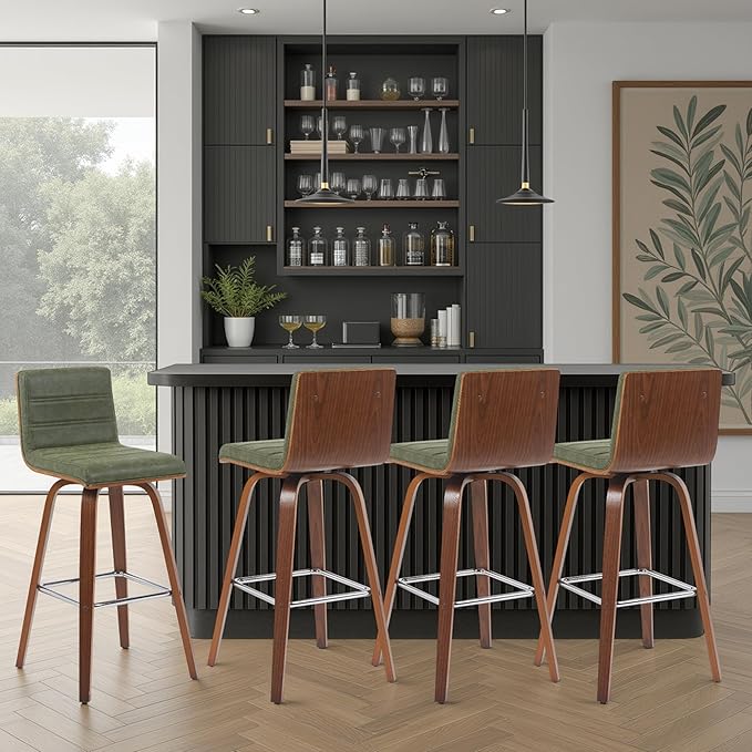 Vienna Modern Swivel Bar Height Stool with Vintage Green Upholstered Seat and Walnut Finished Wood Frame Set of 3