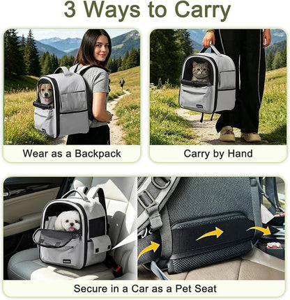 Cat Carrier Dog Backpack Carrier with Anti-Collapse Bottom (Light Gray) | Dog Carrier Mesh Backpack Breathable Pet Travel Bag with Sun Shade, Locking Zippers, Ergonomic Support for Hiking, Vet, Car