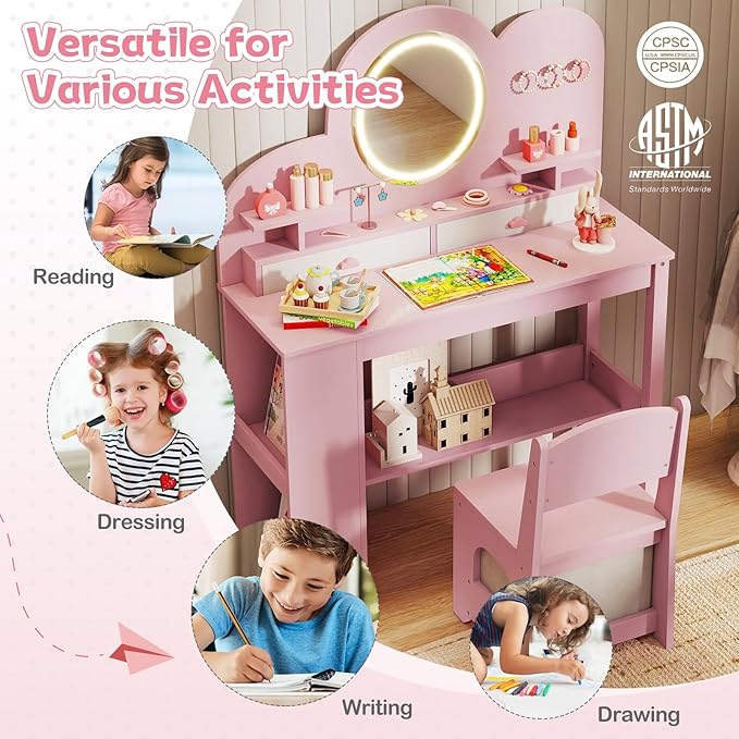 HONEY JOY Kids Vanity with Lights and Open Bookshelf, Cloud Princess Makeup Dressing Desk, Drawers, Wooden Pretend Play Toddler Vanity Table & Chair Set with Lighted Mirror for Little Girls (Pink)